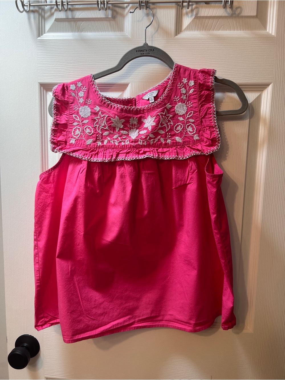 crown & ivy Bright Pink Embroidered Ruffle-Yoke Tank